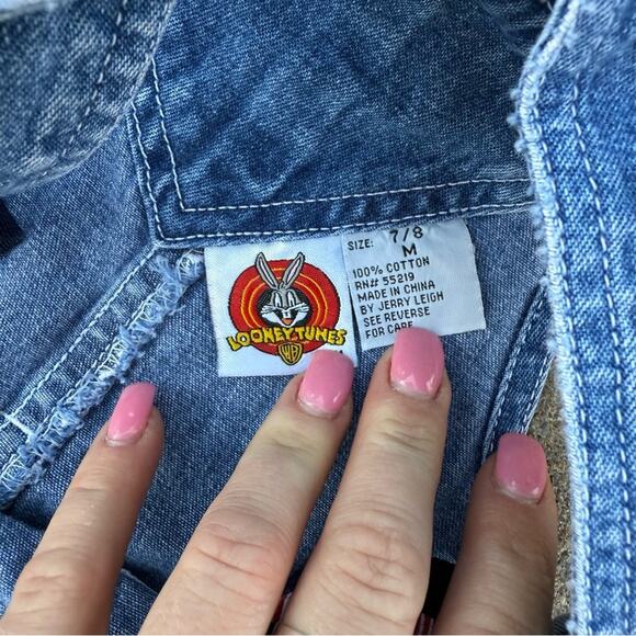 Vintage 90s Looney Tunes Tweety Sylvester Kids Embroidered Blue Denim Overalls M - Picture 4 of 9